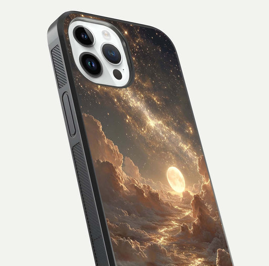 Golden Sky Dream Glass Case for iPhone 14 Pro close-up angled shot showing gradient tones and reflection polish
