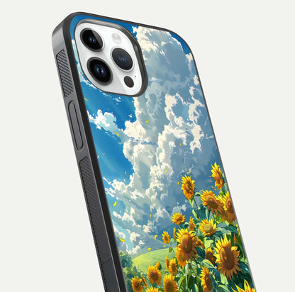 Golden Sun Glory Glass Case for iPhone 14 Pro close-up angled shot showing sunlight reflection and gold detailing