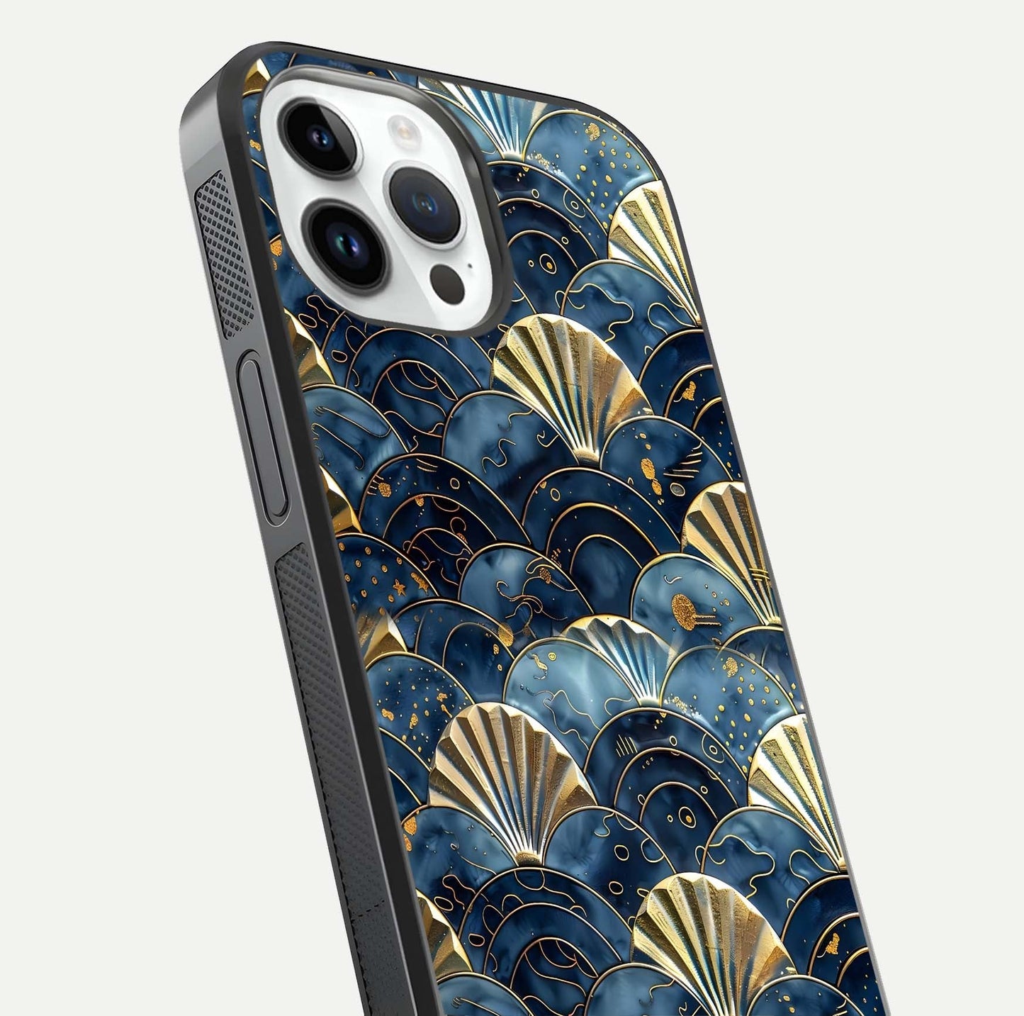Golden Wave Luxe Glass Case for iPhone 14 Pro close-up angled shot showing flowing wave texture and reflection brightness