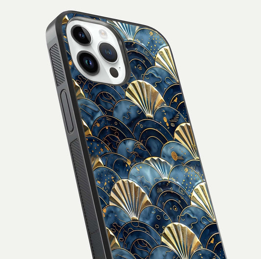 Golden Wave Luxe Glass Case for iPhone 14 Pro close-up angled shot showing flowing wave texture and reflection brightness