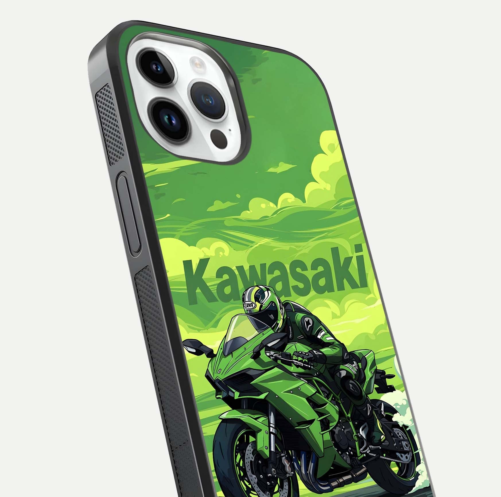 Green Kawasaki Glass Case for iPhone 14 Pro close-up angled shot showing sporty line details and reflection shine