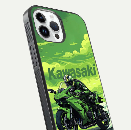 Green Kawasaki Glass Case for iPhone 14 Pro close-up angled shot showing sporty line details and reflection shine