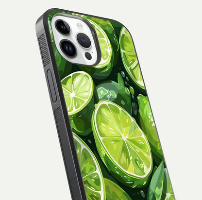 Green Lemon Glass Case for iPhone 14 Pro close-up angled shot showing lemon slice texture and reflection brightness
