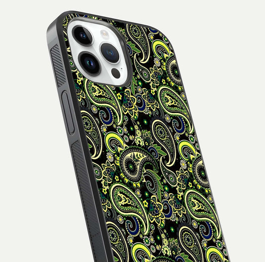 Green Mandala Pattern Glass Case for iPhone 14 Pro close-up angled shot showing fine detailing and gold-green reflection