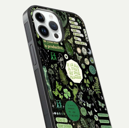 Green Moon Energy Glass Case for iPhone 14 Pro close-up angled shot showing glowing lunar detail and reflection shine