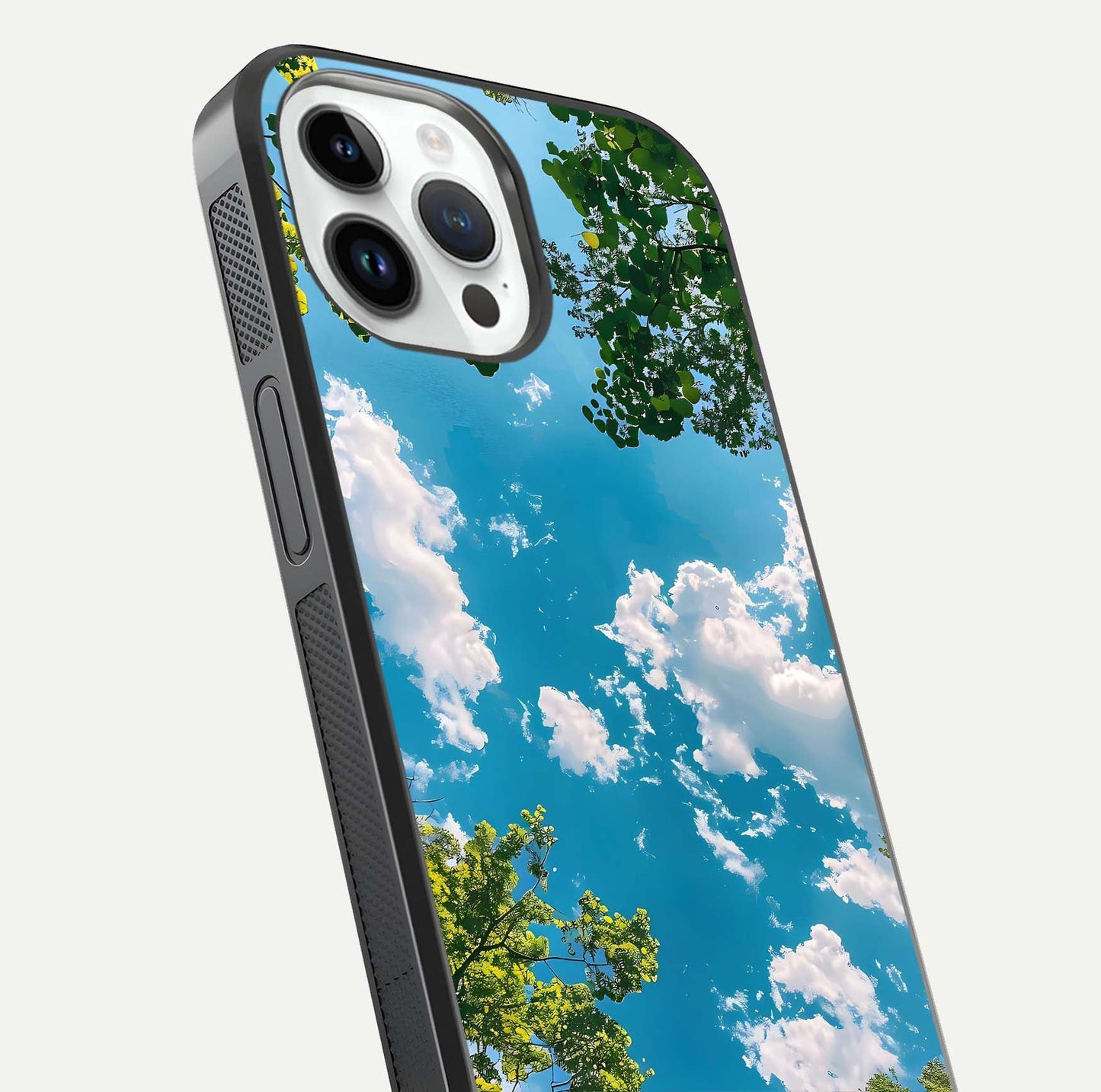 Greenery Sky Glass Case for iPhone 14 Pro close-up angled shot showing leafy tones and reflection brightness
