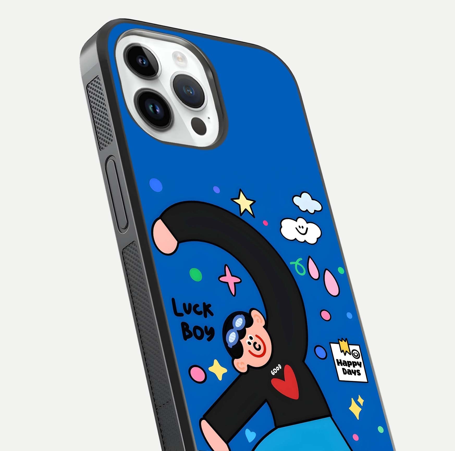 Happy Luck Vibe Glass Case for iPhone 14 Pro close-up angled shot showing color details and reflection shine