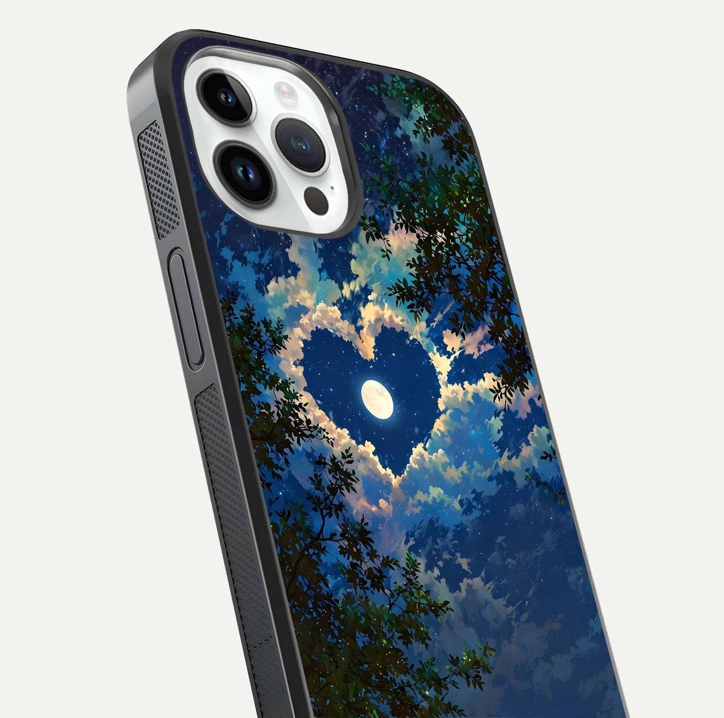 Heart with Moon Sky Glass Case for iPhone 14 Pro close-up angled shot showing lunar reflection and shine detail