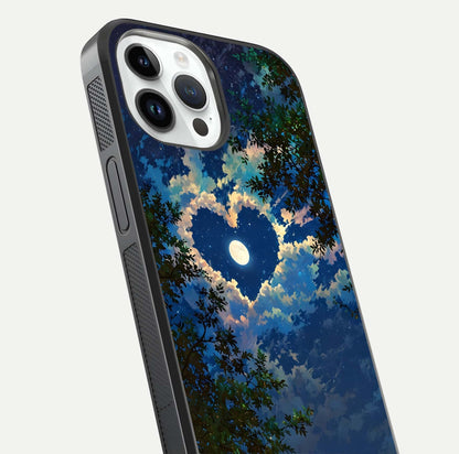 Heart with Moon Sky Glass Case for iPhone 14 Pro close-up angled shot showing lunar reflection and shine detail