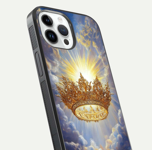 Heavenly Crown Light Glass Case for iPhone 14 Pro close-up angled shot showing glowing halo details and smooth reflection