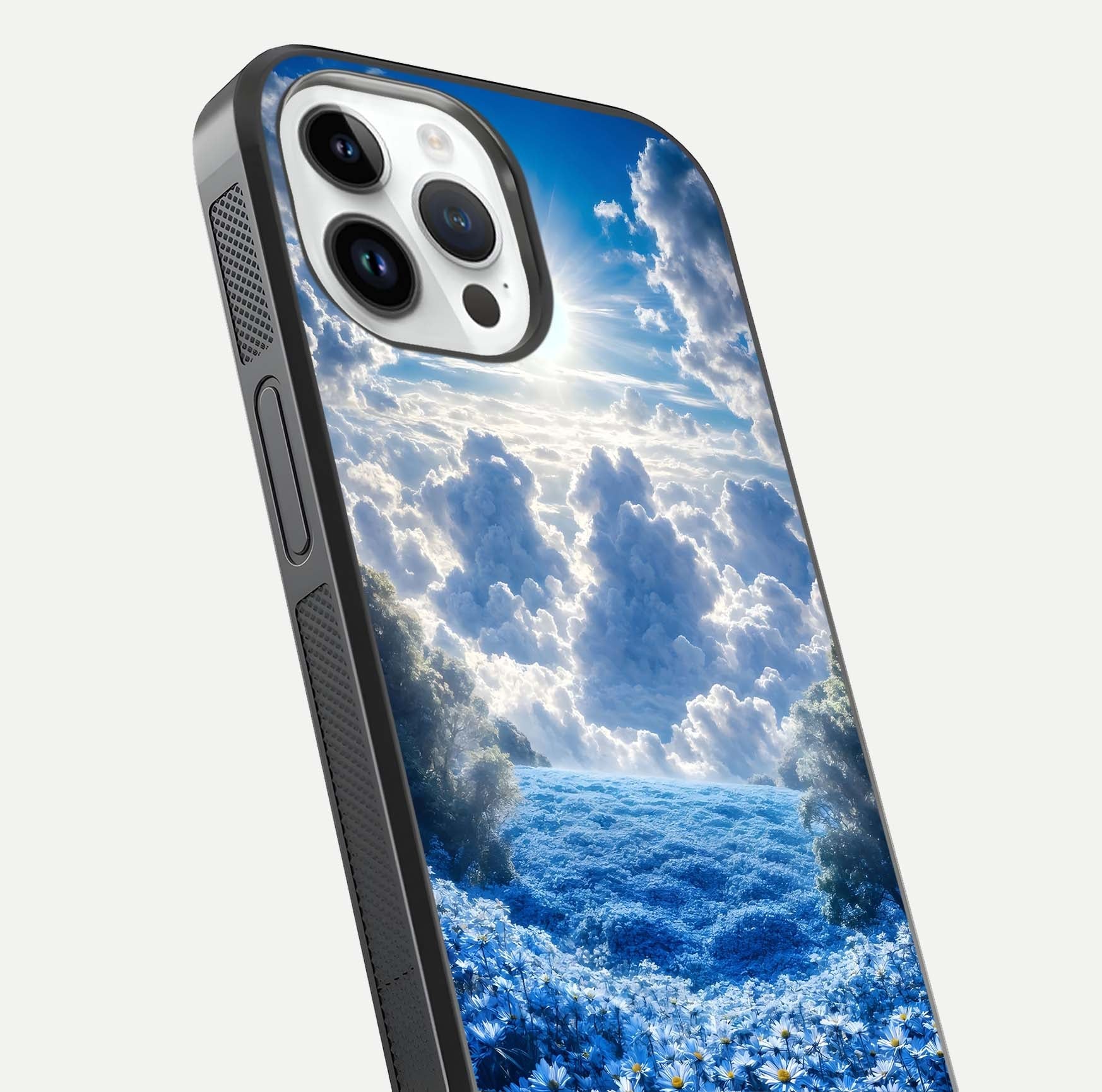 Heavenly Daisy Horizon Glass Case for iPhone 14 Pro close-up angled shot showing daisy petal details and light reflection