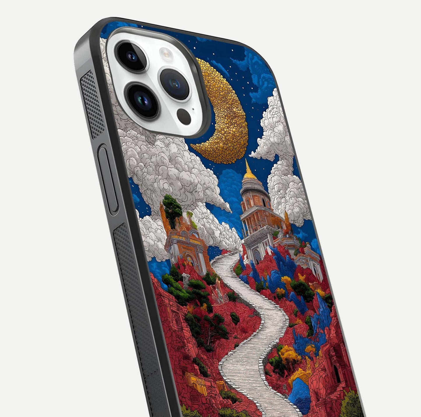 Heavenly Moon Path Glass Case for iPhone 14 Pro close-up angled shot showing moon reflection and shimmer texture