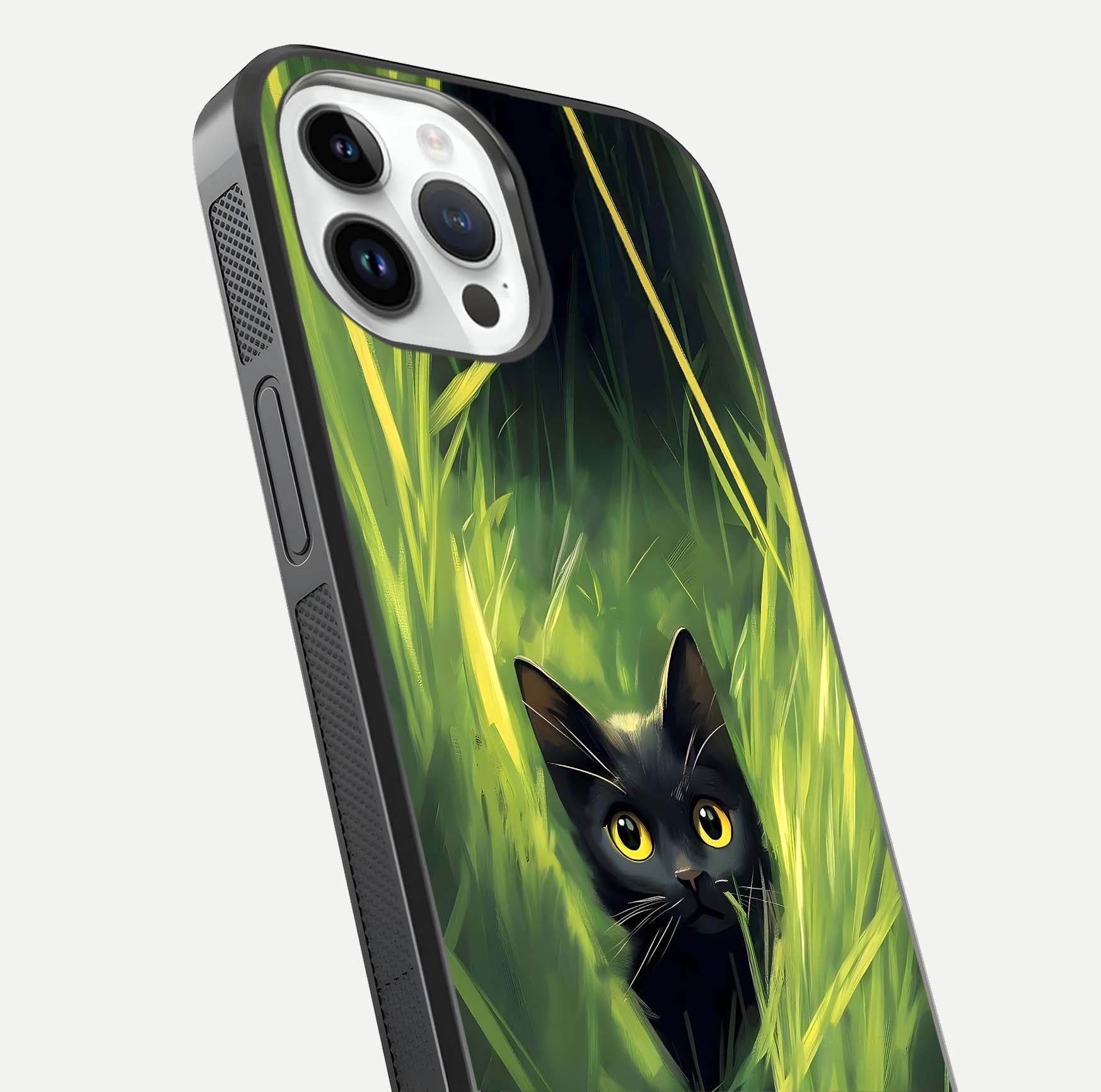 Hidden Cat Whisper Glass Case for iPhone 14 Pro close-up angled shot showing feline details and reflection polish