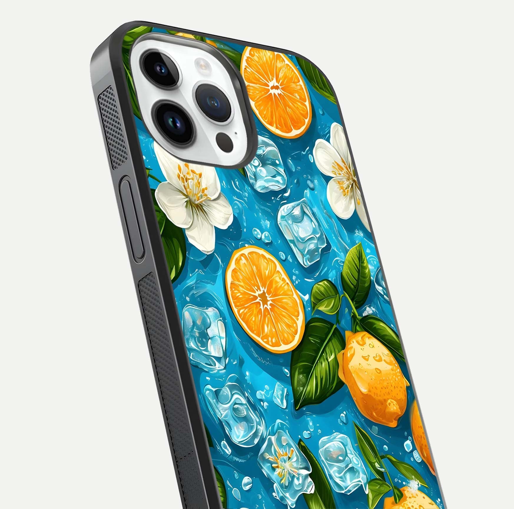 Ice Cube With Orange Glass Case for iPhone 14 Pro close-up angled shot showing orange slices and ice reflections