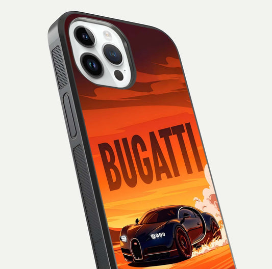 Inferno Bugatti Storm Glass Case for iPhone 14 Pro close-up angled shot showing flame details and reflection shine