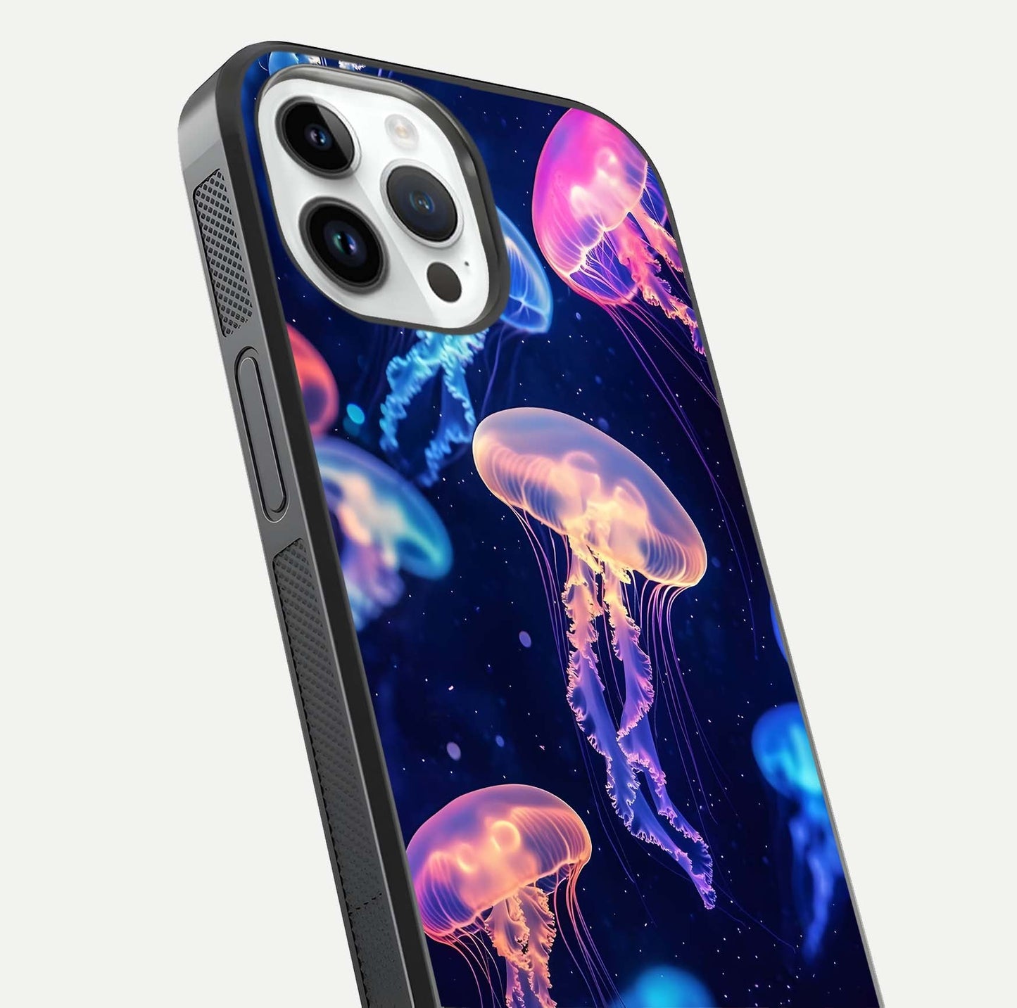 Jellyfish Pattern Glass Case for iPhone 14 Pro close-up angled shot showing translucent tentacles and light reflection