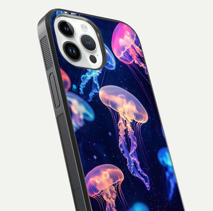 Jellyfish Pattern Glass Case for iPhone 14 Pro close-up angled shot showing translucent tentacles and light reflection