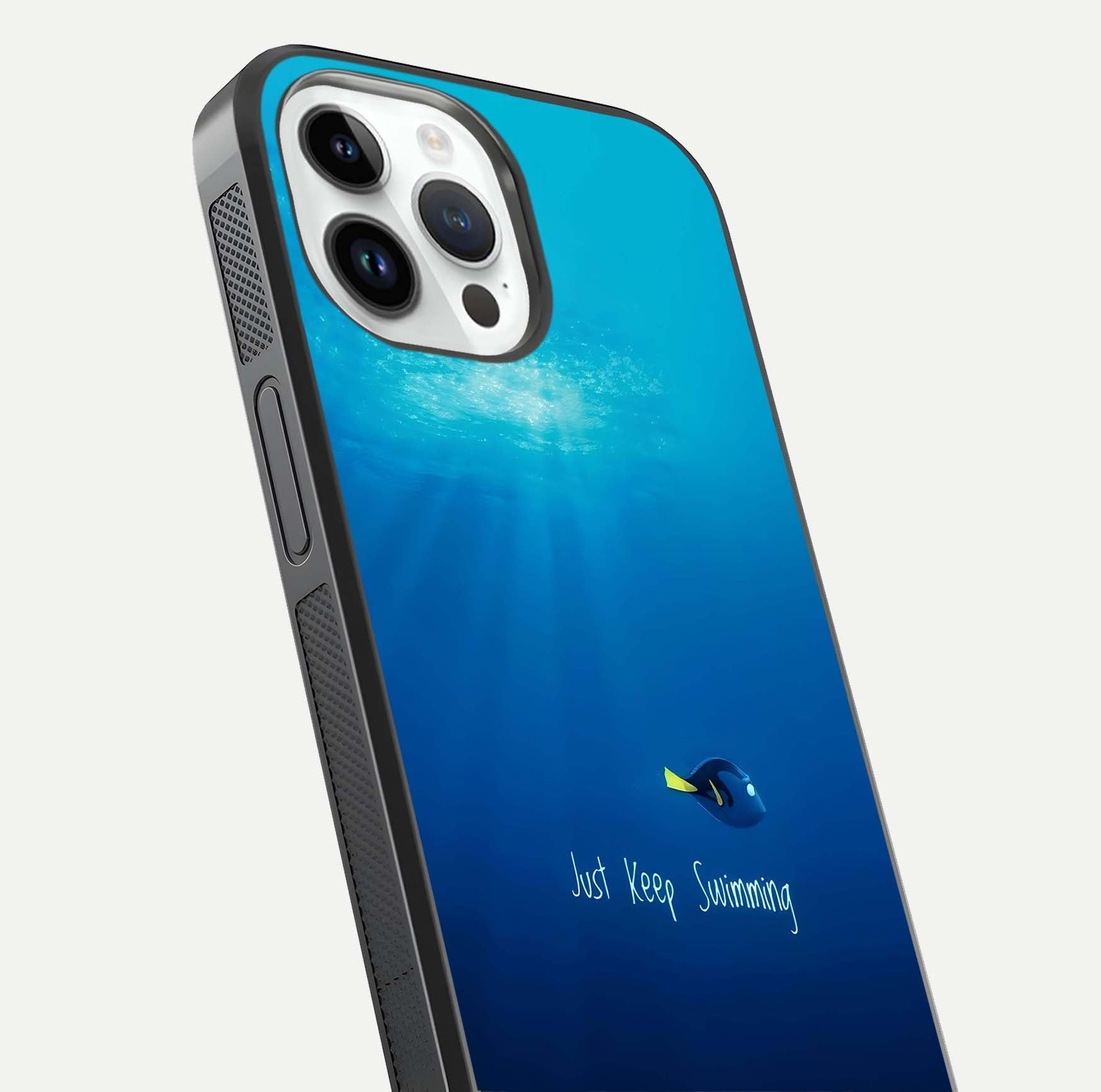 Just Keep Swimming Glass Case for iPhone 14 Pro close-up angled shot showing elegant lettering and blue tone reflection