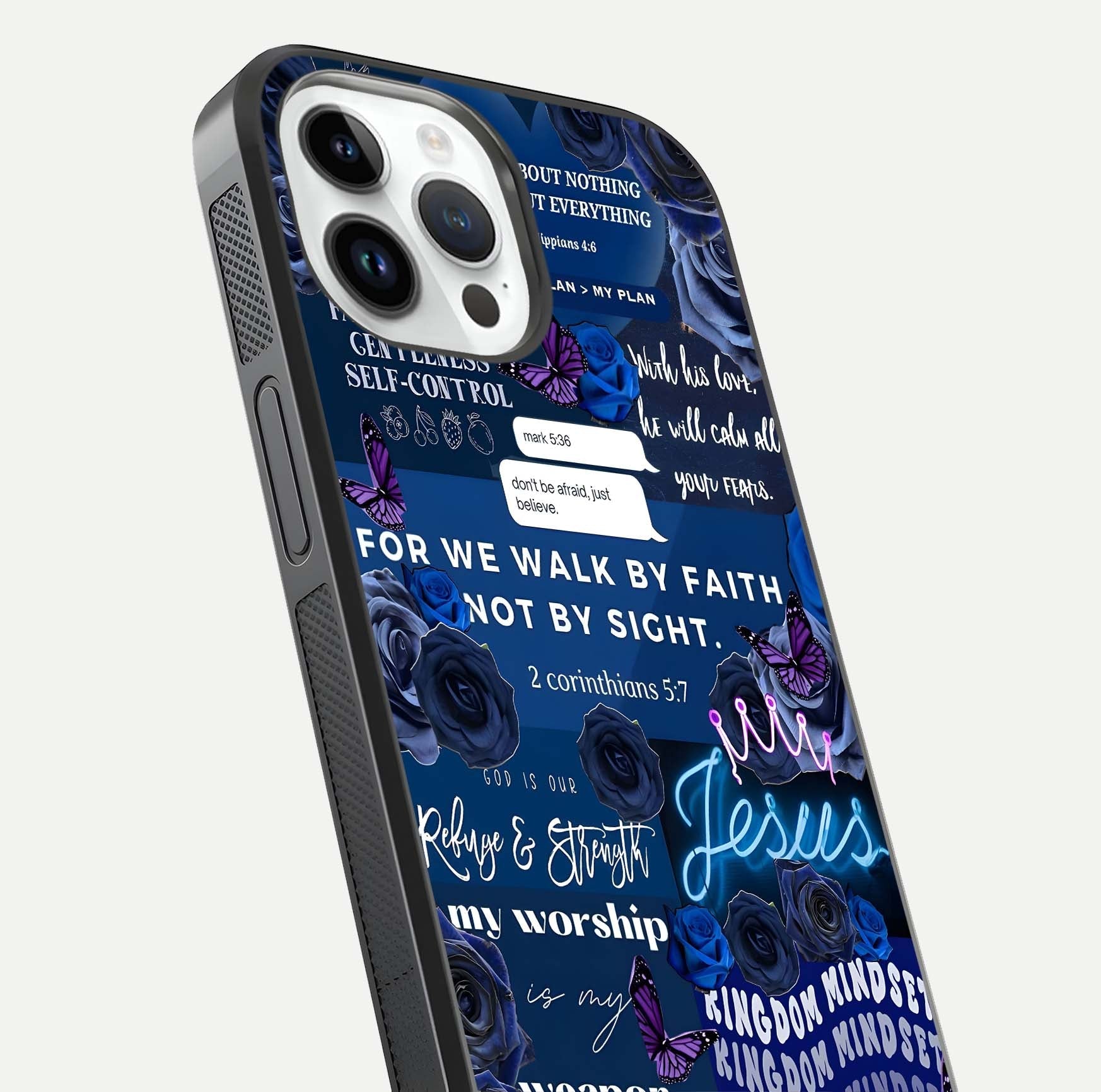 Kingdom Faith Glow Glass Case for iPhone 14 Pro close-up angled shot showing luminous text and divine reflection