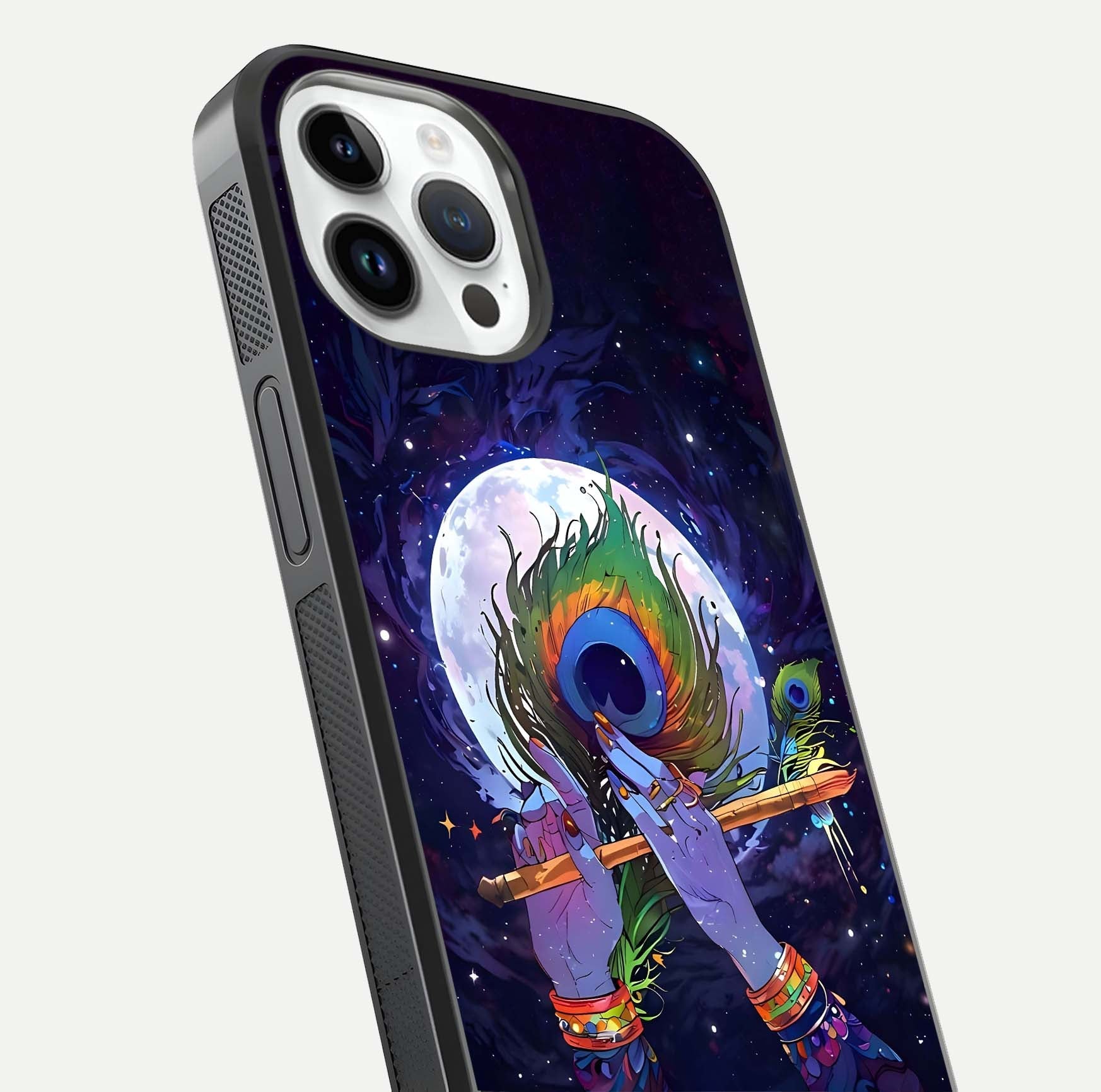 Krishna Hands Art Glass Case for iPhone 14 Pro close-up angled shot showing detailed hand design and shine