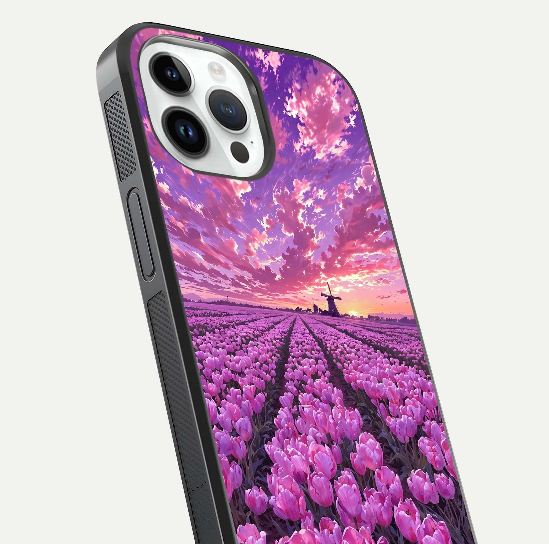 Lavender Dream Skies Glass Case for iPhone 14 Pro close-up angled shot showing purple hues and soft reflection