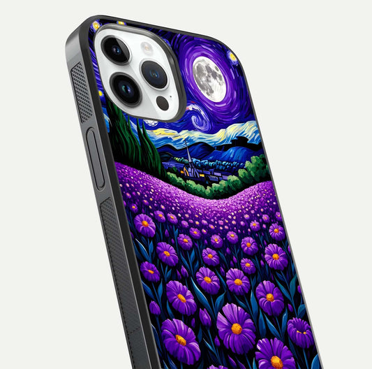 Lavender Moon Field Glass Case for iPhone 14 Pro close-up angled shot showing moon glow and purple detailing
