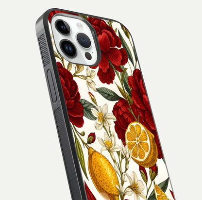 Lemon Rose Charm Glass Case for iPhone 14 Pro angled close-up showing vivid rose details and HD glass reflection