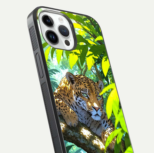 Leopard in Jungle Glass Case for iPhone 14 Pro angled close-up showing fur texture and glossy shine reflection