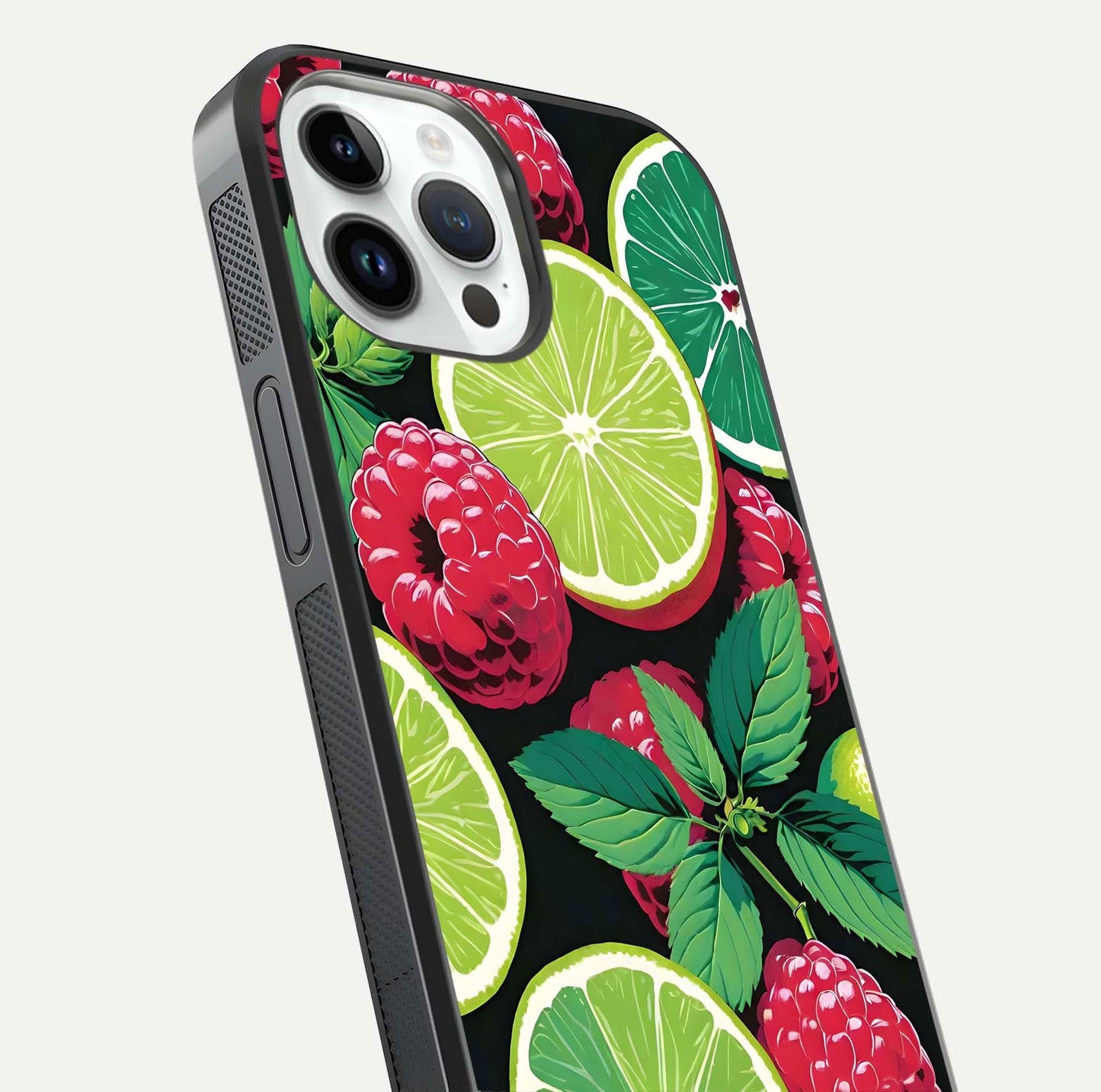 Lime and Raspberry Pattern Glass Case for iPhone 14 Pro angled close-up showing fruit texture and reflection glow