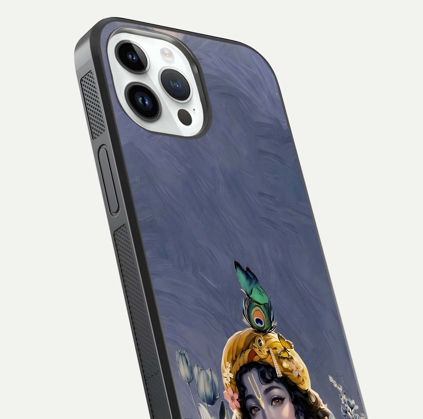 Lord Krishna Glass Case for iPhone 14 Pro angled close-up showing intricate flute and reflection details