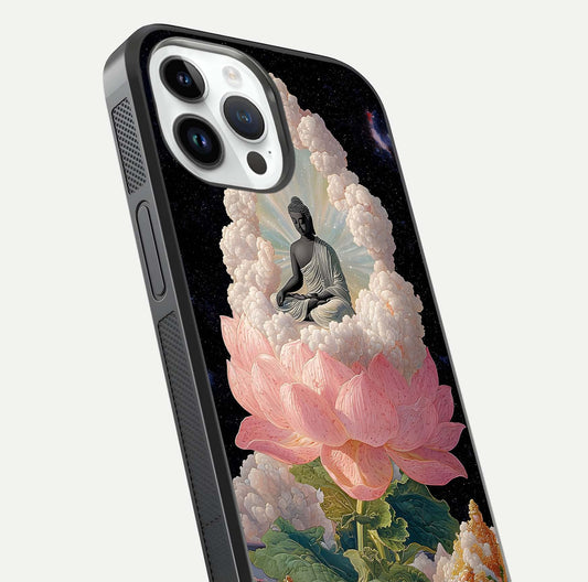 Lotus Divine Peace Glass Case for iPhone 14 Pro angled close-up showing delicate petals and gloss reflection
