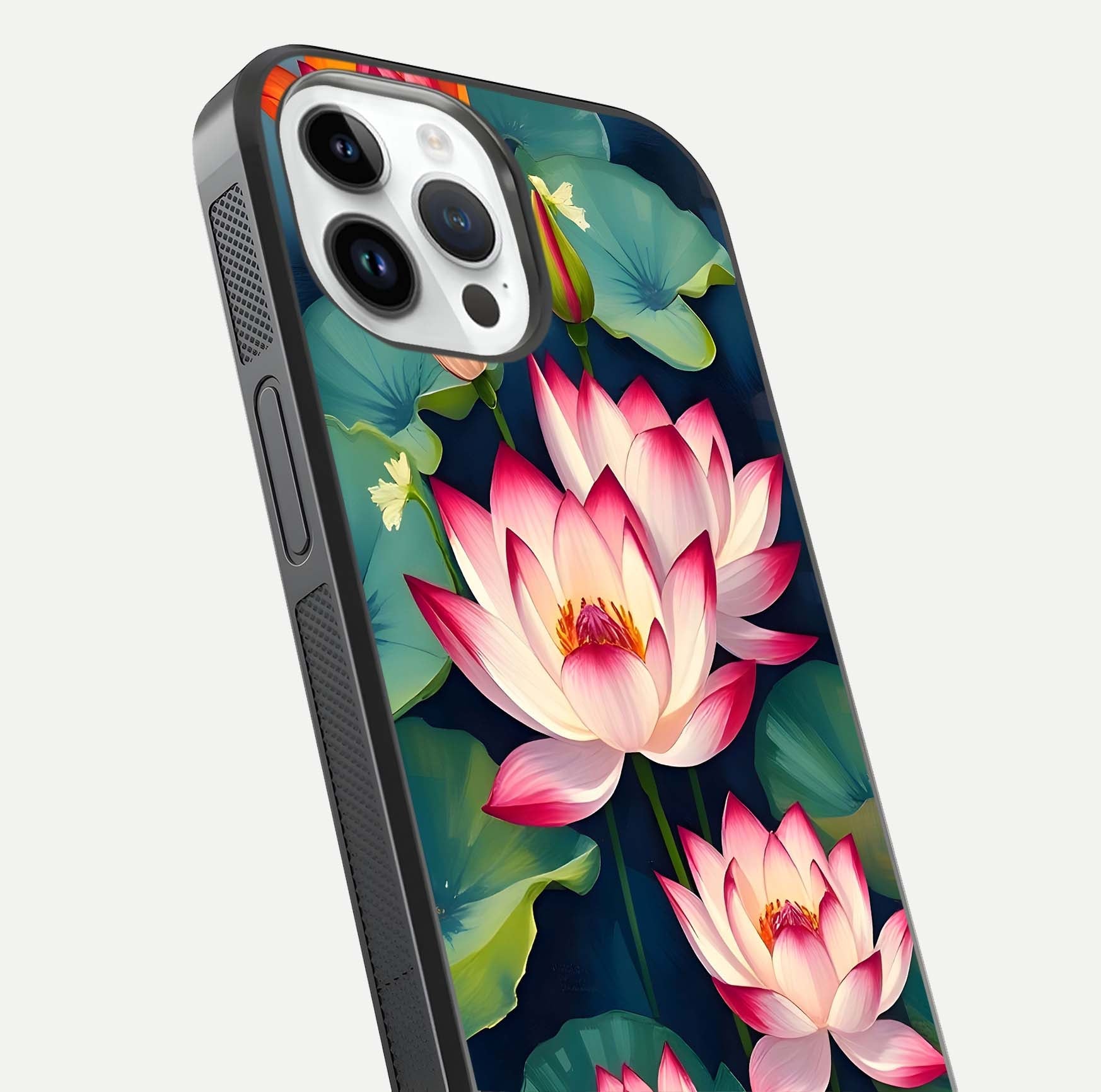 Lotus Dream Serenity Glass Case for iPhone 14 Pro close-up angled shot showing floral details and soft shine