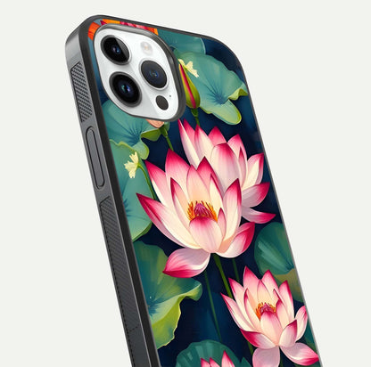Lotus Dream Serenity Glass Case for iPhone 14 Pro close-up angled shot showing floral details and soft shine