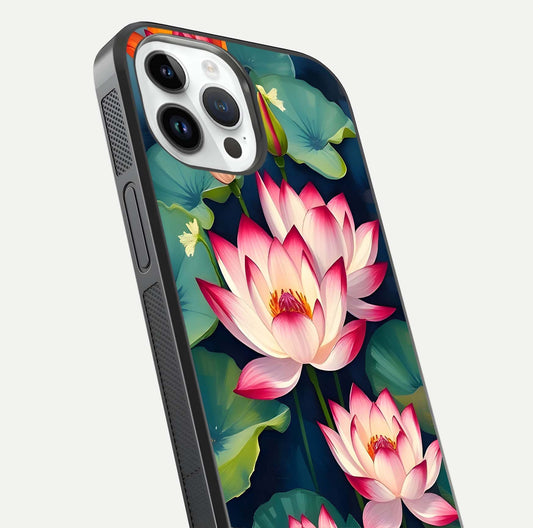 Lotus Dream Serenity Glass Case for iPhone 14 Pro close-up angled shot showing floral details and soft shine