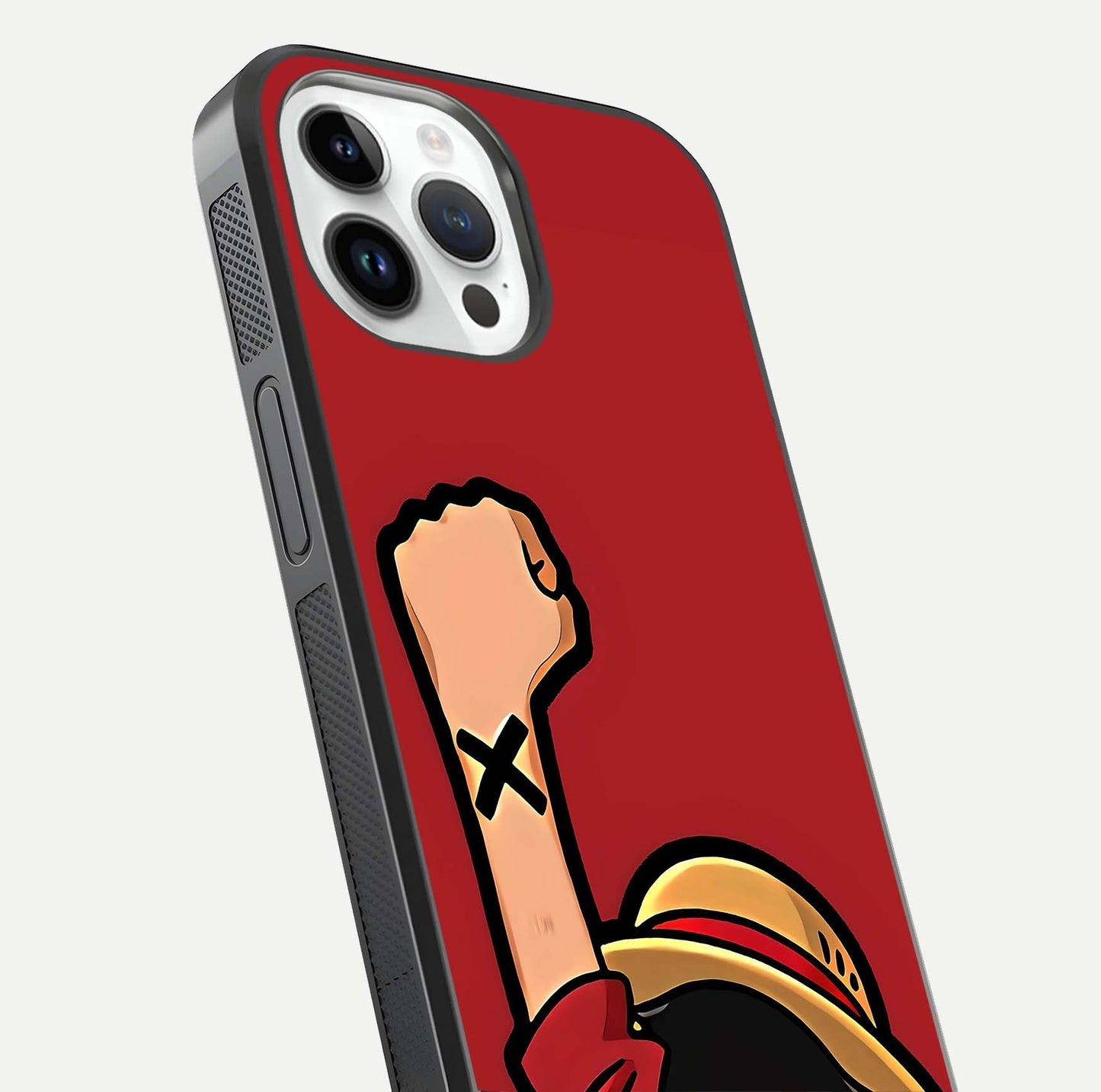 Luffy X Spirit Glass Case for iPhone 14 Pro close-up angled shot showing character detailing and gloss texture