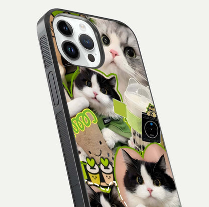 Matcha Cats Mood Glass Case for iPhone 14 Pro close-up angled shot showing adorable cat art and reflection detail