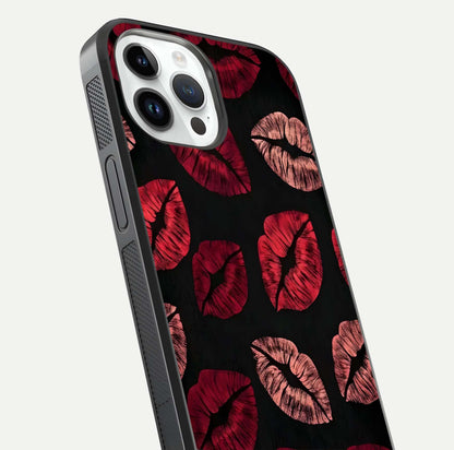 Midnight Kiss Love Glass Case for iPhone 14 Pro close-up angle highlighting red accents and reflection shine