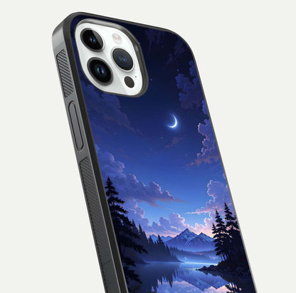 Midnight Lake Peace Glass Case for iPhone 14 Pro close-up angled shot showing blue night tones and reflection