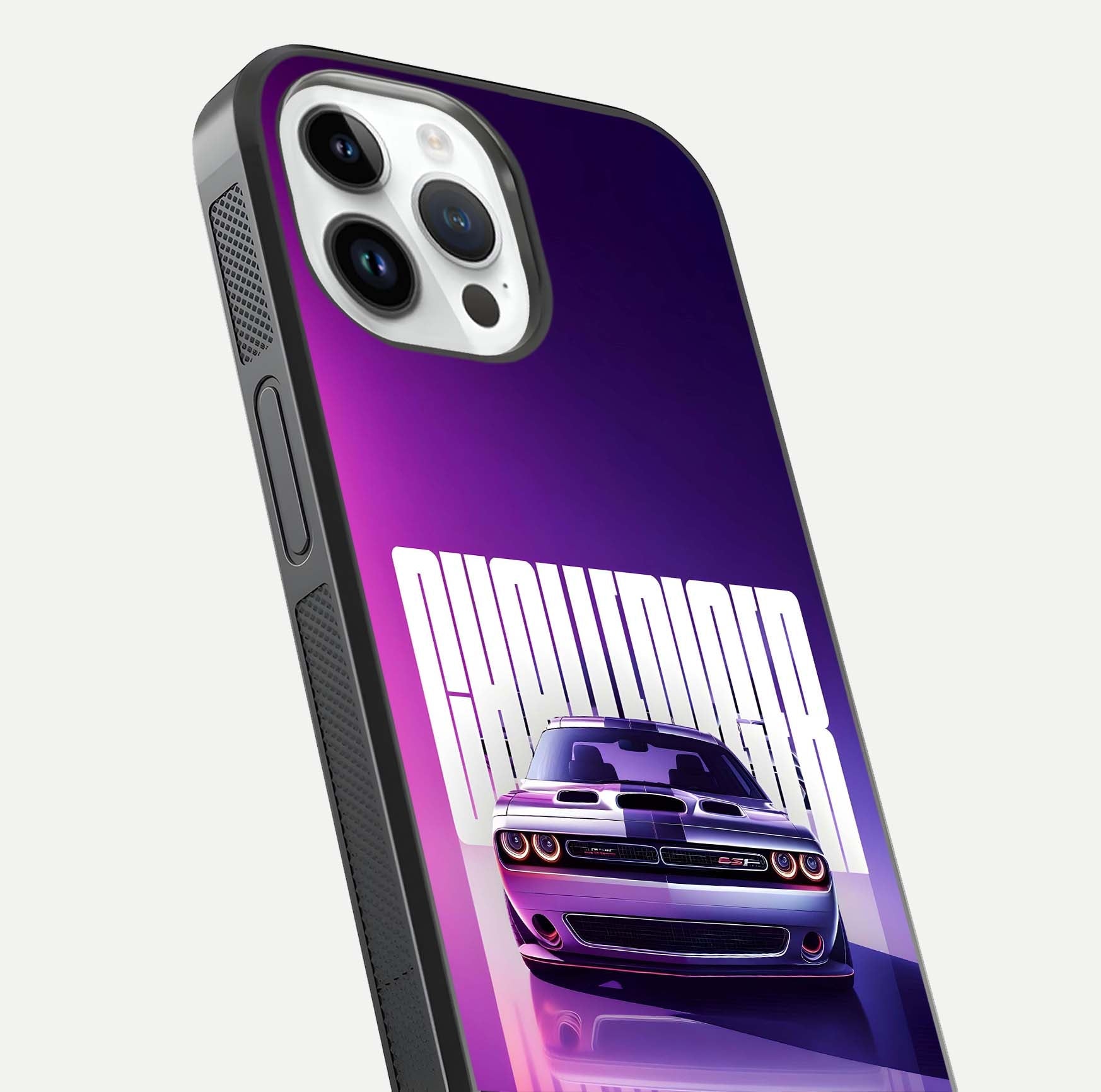 Midnight Muscle Ride Glass Case for iPhone 14 Pro close-up angled shot showing HD reflections and car details