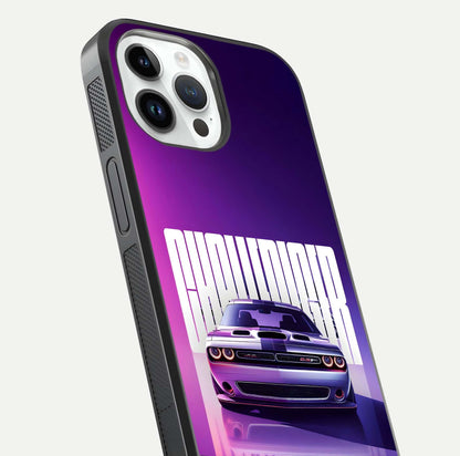 Midnight Muscle Ride Glass Case for iPhone 14 Pro close-up angled shot showing HD reflections and car details