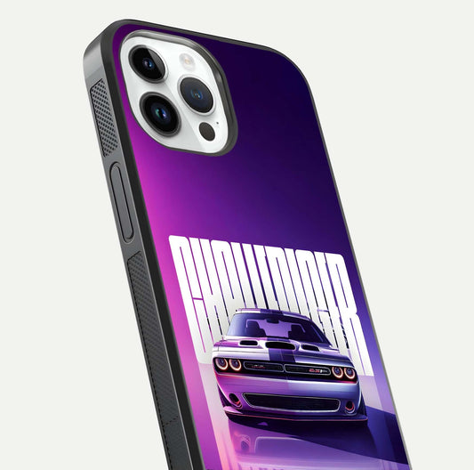 Midnight Muscle Ride Glass Case for iPhone 14 Pro close-up angled shot showing HD reflections and car details