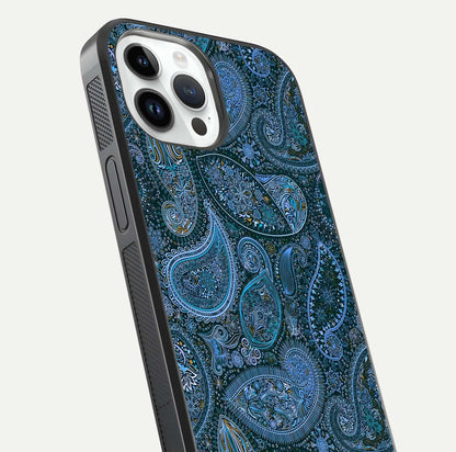 Midnight Paisley Glow Glass Case for iPhone 14 Pro close-up angled shot showing floral details and gloss texture
