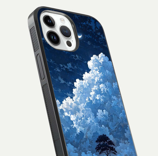 Midnight Sky Serenity Glass Case for iPhone 14 Pro close-up angled shot showing starlit tones and reflection