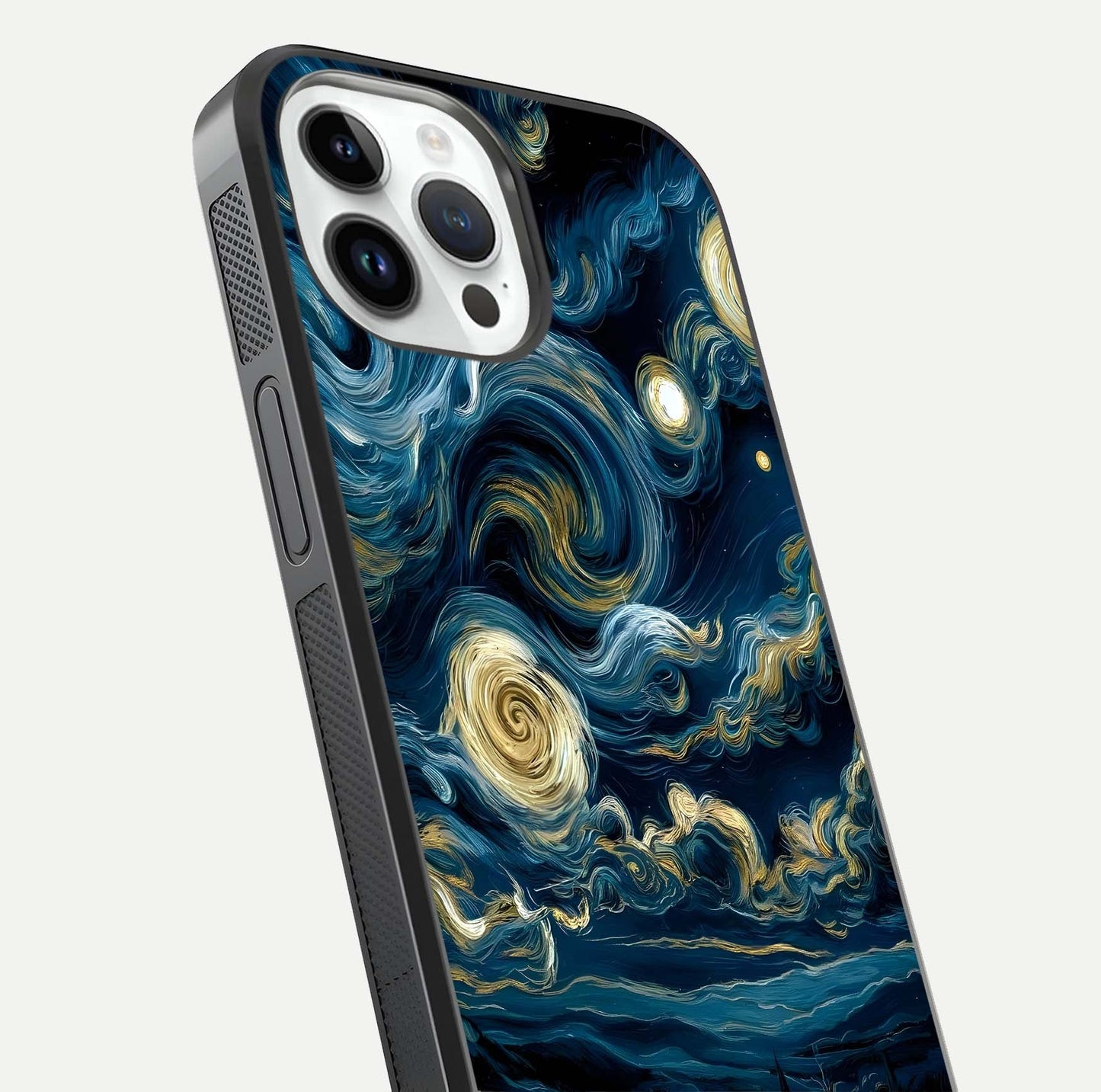 Midnight Sky Whirl Glass Case for iPhone 14 Pro close-up angle showing spiral design and HD gloss reflection