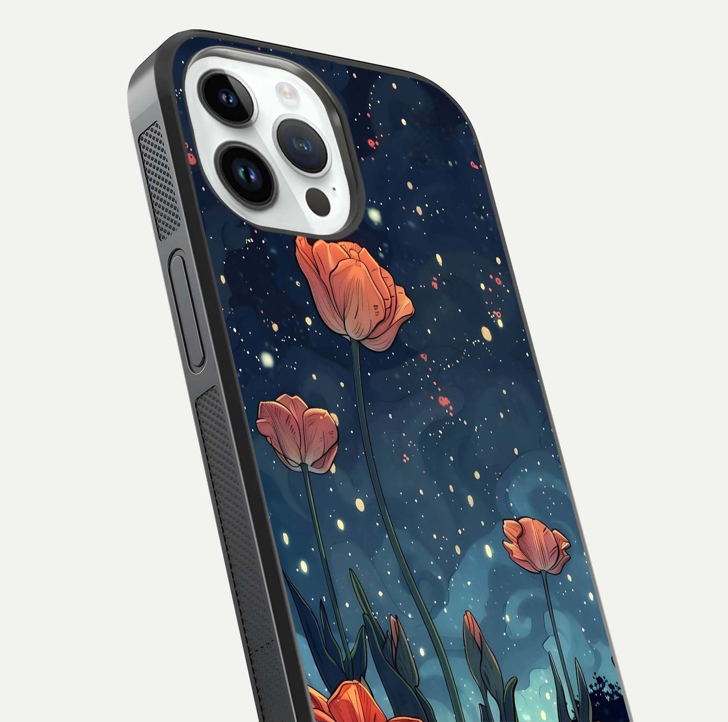 Midnight Tulip Glow Glass Case for iPhone 14 Pro close-up angled shot showing petal details and reflection glow