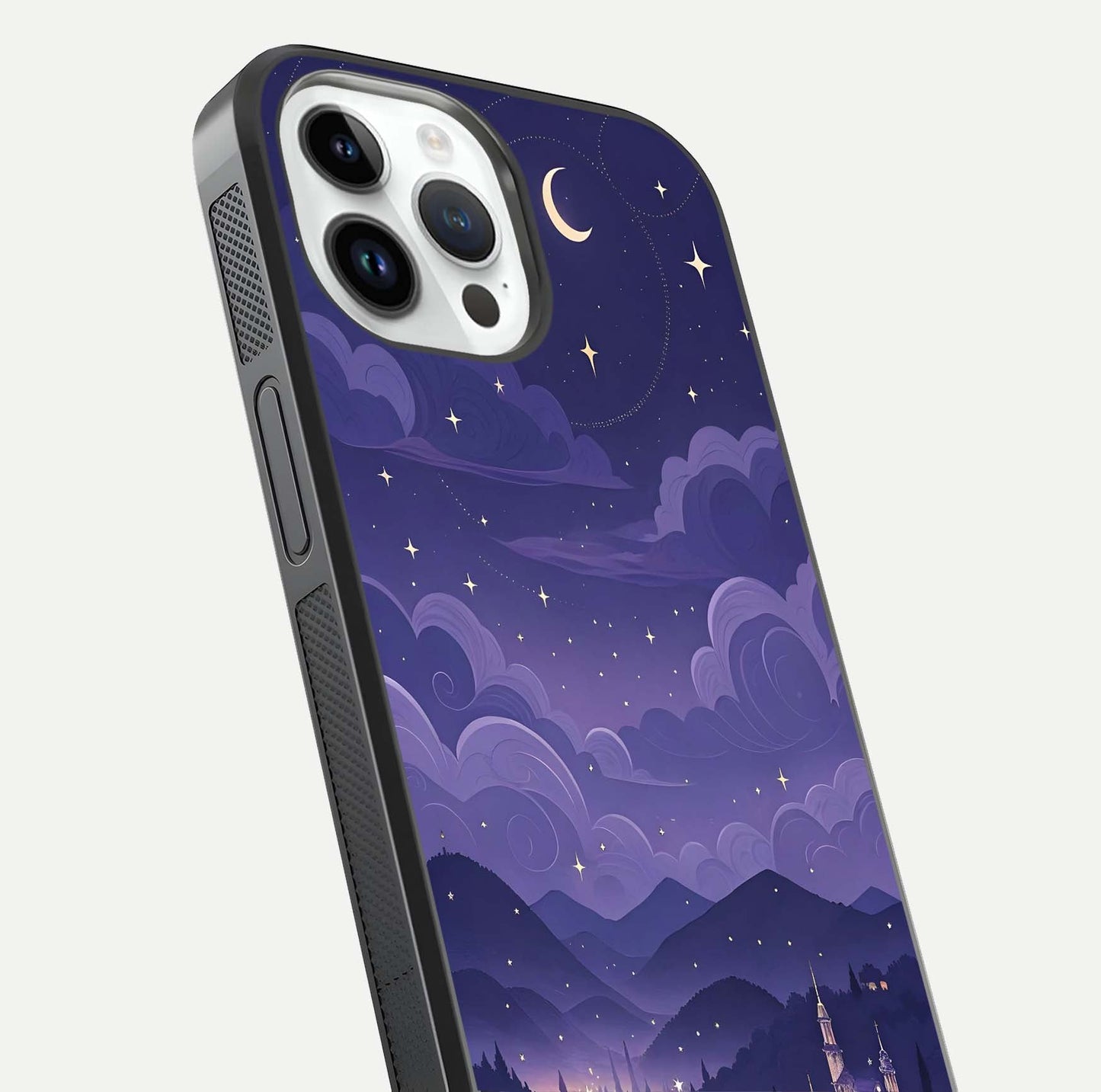 Minimal Night View Glass Case for iPhone 14 Pro close-up angled shot showing lights reflection and dark tone details