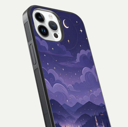 Minimal Night View Glass Case for iPhone 14 Pro close-up angled shot showing lights reflection and dark tone details
