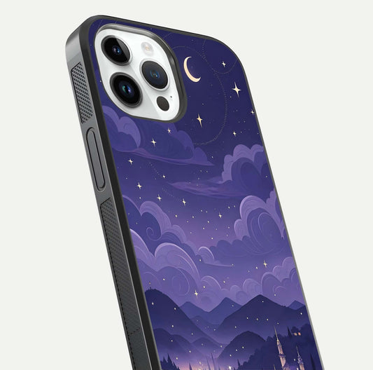 Minimal Night View Glass Case for iPhone 14 Pro close-up angled shot showing lights reflection and dark tone details