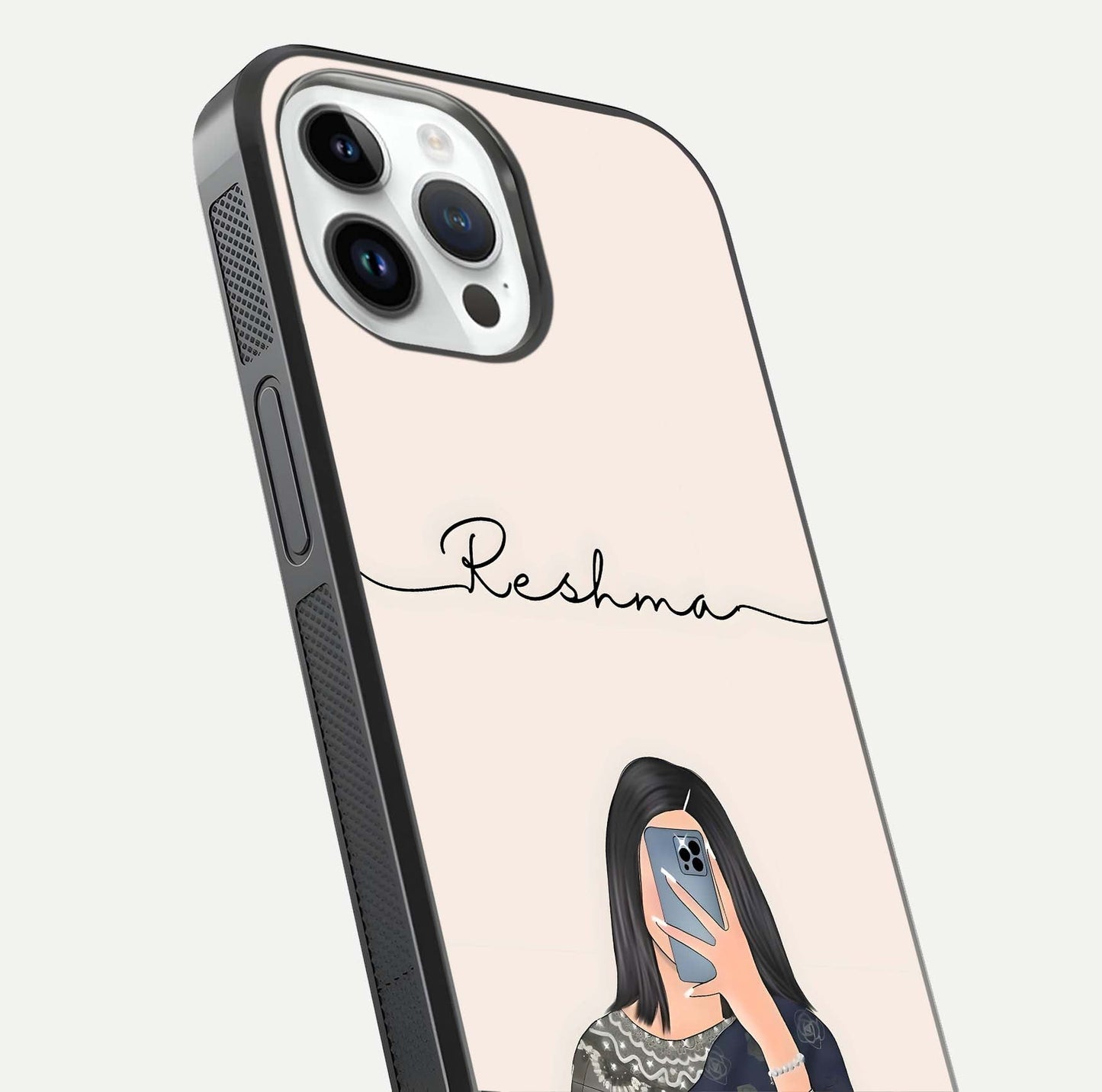Mirror Mood Muse Custom Name Glass Case for iPhone 14 Pro close-up angled shot highlighting gloss and mirror depth