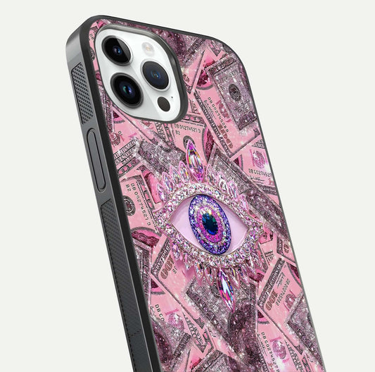 Money Eye Luxe Glass Case for iPhone 14 Pro close-up angled shot showing gold detailing and reflection shine